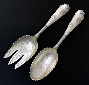 Wood & Hughes sterling Etruscan medallions salad servers with etched lobsters